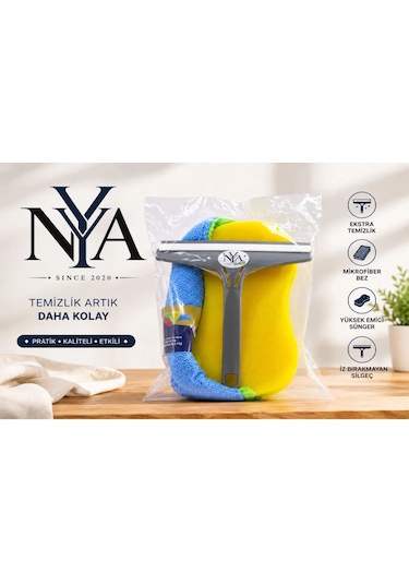 Nya Cam Temizlik Ve Bakım Seti Cam Çek + Yıkama Süngeri + Mikrofiber Bez