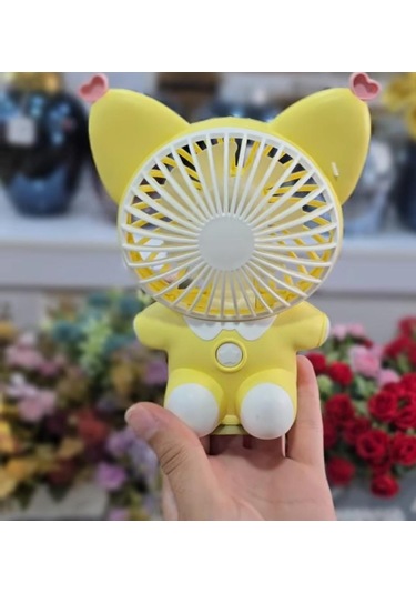Sevimli Hayvan Masaüstü Şarzlı Özel Figürlü Sarı Renk El Fanı