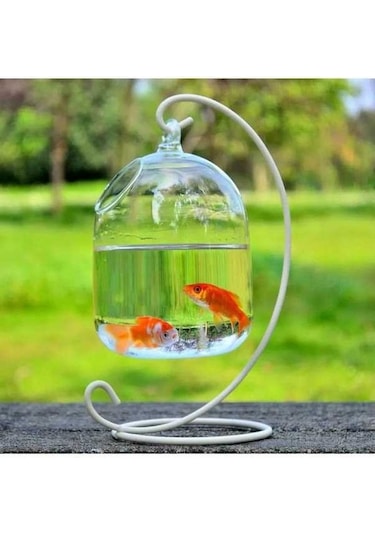Fortunelane El Yapan Askı Tipi Cam Akvaryum - Beyaz Ayaklı, 15cm Yükseklik, Transparan Borosilikat Cam, Evcil Hayvanlık, Ev Dekor