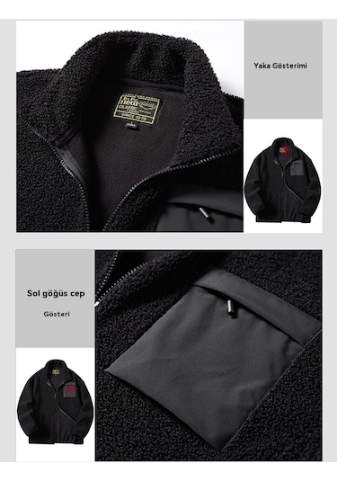 Erkek Sonbahar Ve Kış Kuzu Derisi Kalın Polar Ceket Siyah