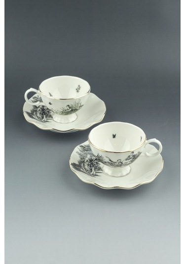 Royal Siyah Altın Yaldızlı 2 Kişilik Kahve Fincan Takımı Beyaz