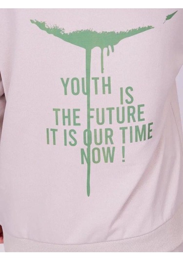 Çocuk 2 İplik Kumaş Pamuklu Sırtı Yazı Detaylı Kapüşonlu Tasarım Sweatshirt-13541 Bej