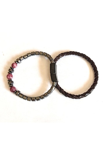 %100 Deri&hematit Kombin Siyah-lila Erkek Bileklik Net 21cm Siyah - Pembe