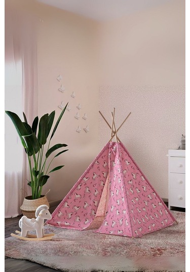 Çocuk Oyun Çadırı Ahşap Direkli Geniş Oyun Evi 150x150x200 Cm Pembe