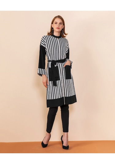 Serpil Exclusive Çizgili Modern Tunik Şık Ve Zarif Tasarım Siyah-ekru