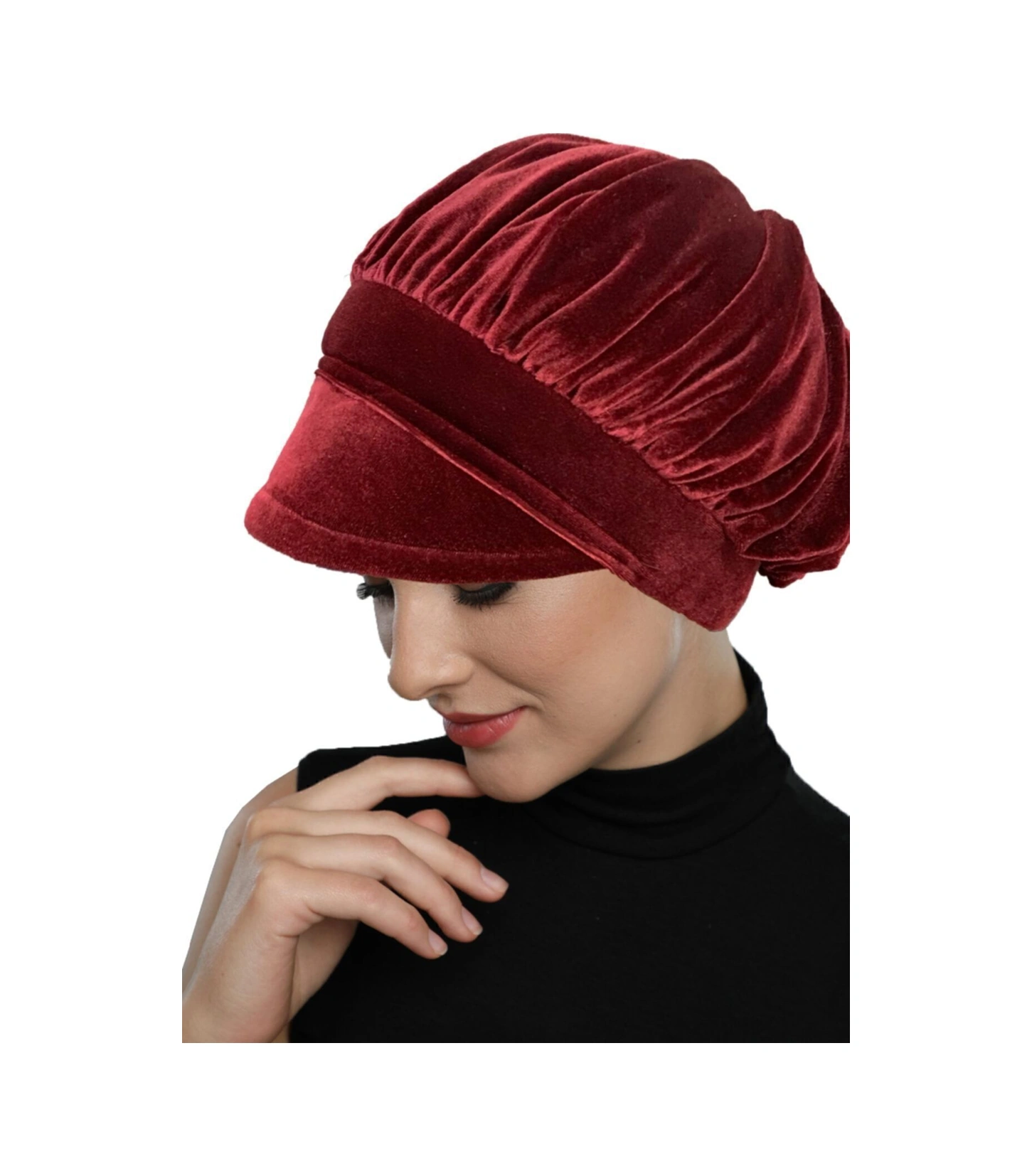 Kadife Şapka Toka Detaylı Bordo Hazır Türban Tesettür Bone Bordo