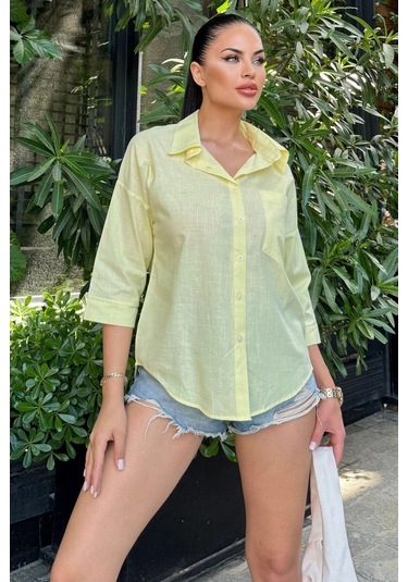 Kadın Sarı Truvakar Kol, Oval Kesim, Terletmez, Flamlı Keten Salaş Gömlek Sarı