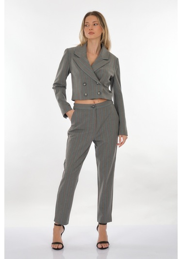 Perspective Kruvaze Yaka Çizgili Gri-turuncu Kadın Ceket 24061168 001