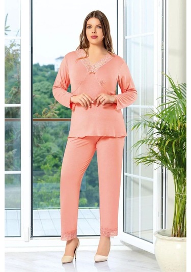 Faal 8812 Kadın Büyük Beden Uzun Kollu Dantel Detaylı Bisiklet Yaka Pijama Takım-somon SOMON