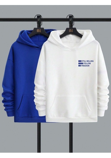 2'li Still Freedom Kalın Kışlık Sweatshirt - Beyaz Sax Mavi Baskılı Oversize Kapüşonlu Beyaz Sax Mavi