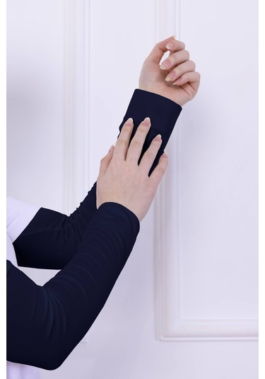 Likralı Penye Kolluk Lacivert - Pratik Kadın Tesettür Düz Namaz Kolluğu 1 Çift 40cm Viskon Hijab Lacivert