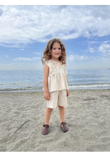 Robası Nakışlı Keten Kız Çocuk Takım Natürel Bej