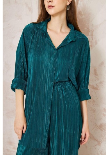 Kadın Pliseli Beli Lastikli Pantolon Tunik Gömlek Ikili Bürümcük Salaş Takım 3573300 Zümrüt