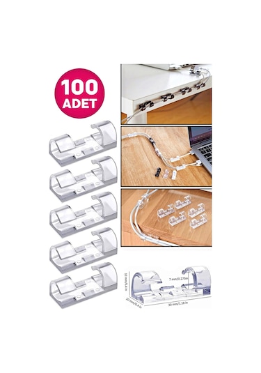 Tilbe Home Yapışkanlı Kablo Sabitleyici Düzenleyici Duvar Klipsi 100'lü Şeffaf