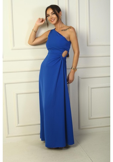 Kadın Tek Omuz Yan Pencere Detaylı Uzun Krep Saten Elbise-38765 Saks