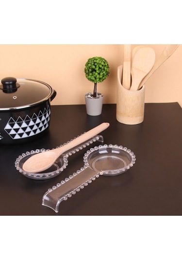 Şeffaf Plastik Boncuklu Kelepçe Kaşık Çırpıcı Altlığı 28 Cm Royaleks Ahşap - Şeffaf