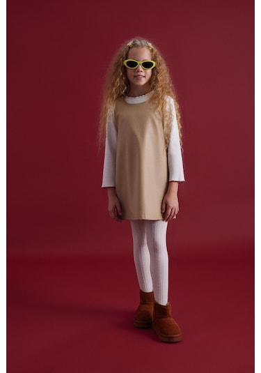 Luess Kız Çocuk Deri Düğme Detaylı Elbise-bej Bej