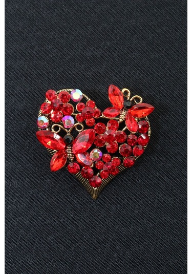 Kelebekli Kalp Broş. Kırmızı Yakut Taşlı Kelebekli Kalp Yaka İğnesi Broş. Kadın Kalpli Kelebek Broş Çok Renkli