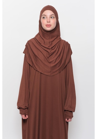 Pratik Tek Parça Pamuklu Yarasa Kollu Tak Çıkar Başörtülü Tesettür Namaz Elbisesi Çikolata Çok Renkli