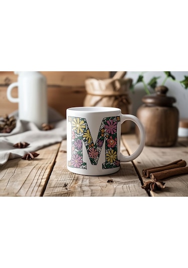 M Baş Harf Çiçek Desenleri İle Natural Tarz Kupa Bardak - Kişiye Özel Çiçekli Kahve Çay Bardak - Beyaz