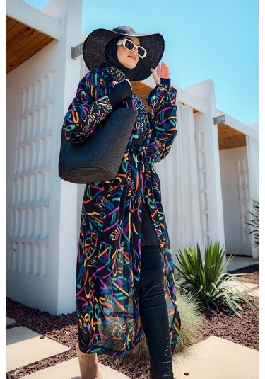 Remsa Tesettür Mayo Üzerine Tek Kaftan Kimono Pareo Siyah04 Rp035 Yağmur Lacivert