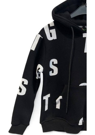 Çocuk Harf Baskılı Şardonlu Kapuşonlu Sweatshirt-15195 Siyah