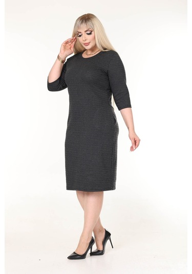 Çift Cepli Kışlık Büyük Beden Esnek Elbise 9d-2631 Siyah