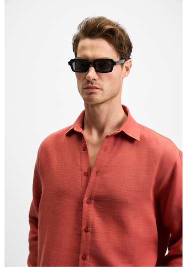 Raımo Erkek %100 Pamuklu Müslin Kumaş Manşetli Uzun Kol Comfort Fit Kiremit Rengi Gömlek
