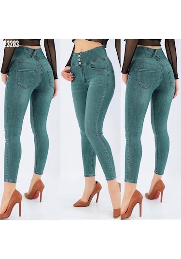 Simala Yüksek Bel Likralı Jean Pantolon 90 Cm Yeşil