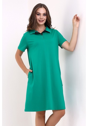 Kadın Yakalı İki Cepli Krep Elbise Yeşil Sckwm23el02 Yeşil