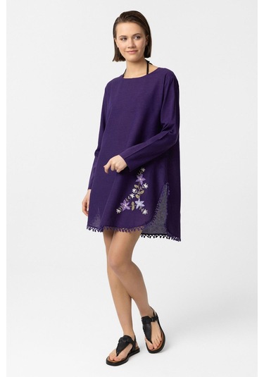 Mor Nakış İşlemeli Uzun Kollu Pamuklu Bluz Elbise Mor