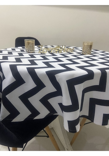 Sıvıya Dayanıklı Yuvarlak Dertsiz Masa Örtüsü Zigzag