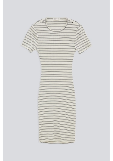 ÇİZGİLİ SIRTI AÇIK KISA KOL ELBİSE SİYAH BEYAZ ÇİZGİLİ Beyaz - Siyah