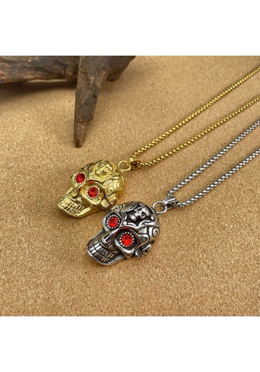 Altın Opk Kafatası Retro Kırmızı Gözler Kolye Erkekler 3 55cm Altın