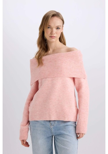 DeFacto Regular Fit Açık Omuz Triko Kazak E4549AX24WNPN589 Pembe