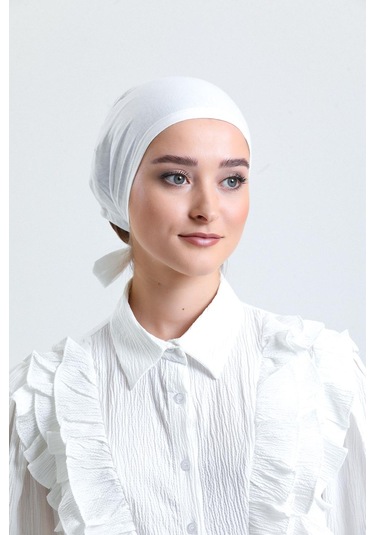 Krem Arkadan Bağlamalı Tesettür Bone Penye Kumaş Düz Bone 1011 40 Krem