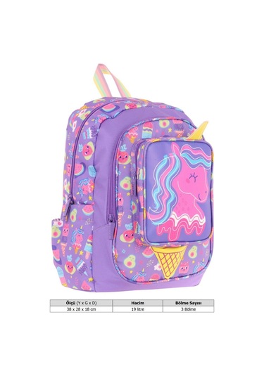 Kaukko Kids Üç Gözlü Kız Çocuk Okul Sırt Çantası Unicorn Detaylı - L5224 Mor - Sarı