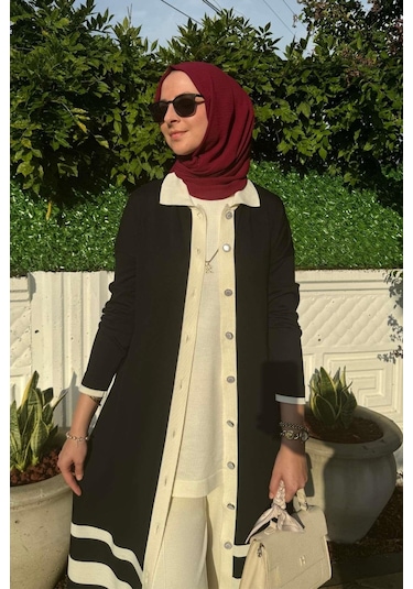 İmge Çizgili Triko Hırka Siyah Çok Renkli