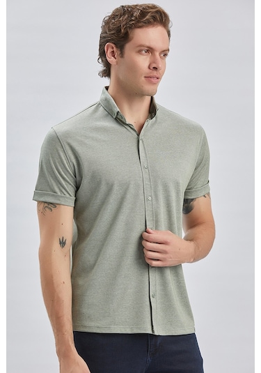 Imza Koyu Haki Desenli Oxford Polo Yaka Cepli Casual Slim Fit Dar Kesim Tişört 1011240178-Koyu Haki