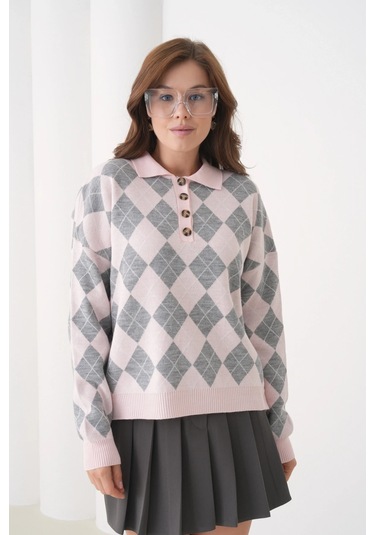 Kadın Polo Yaka Yarım Pat Düğme Detay Desenli Oversize Triko Kazak Açık Pembe