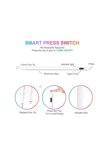 Yaozixa İpad Uyumlu İçin Aktif Kapasitif Kalem - Çizim Ve El Yazısı İçin Dokunmatik, Yanlış Dokunmayı Engelleme Özelliği, Beyaz Renk