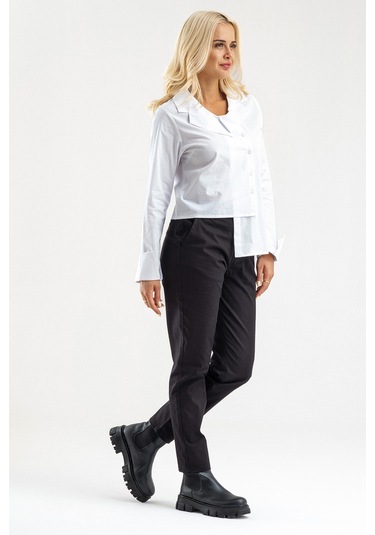 Bold & Young Kadın Manşetli Asimetrik Bebe Yaka Likrali Pamuklu Bluz Beyaz