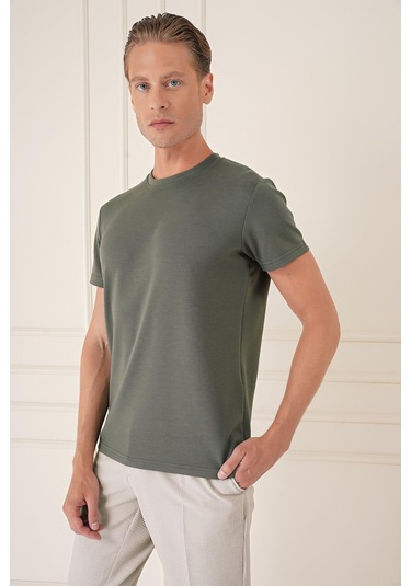 Comfort Fit Bisiklet Yaka Esnek Pamuk Casual Haki Tişört Ts 885 Haki