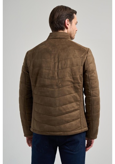 Koyu Haki Dik Yaka Yan Cep Dolum Şişme Standart Fit Esnek Casual Deri Mont 1038245167 Haki