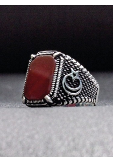 Gümüş Ay Yıldız Desenli Kare Akik Taşlı Erkek Yüzük