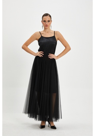 Tül Katmanlı Uzun Şifon Etek Siyah