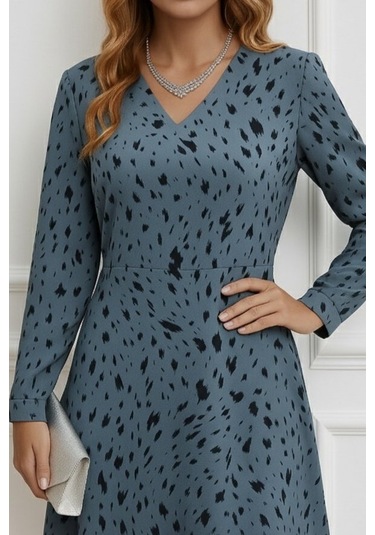 Tua Moda Kadın Uzun Kollu V Yakalı Desenli Kısa Keten Elbise Gri