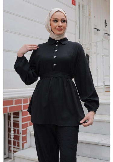 Taş Düğme Detaylı Takım Siyah Siyah