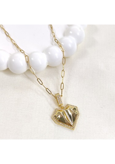 Çelik Ataç Zincirli Kalp Kolye 45+5 Cm - Altın Sarı Beyaz