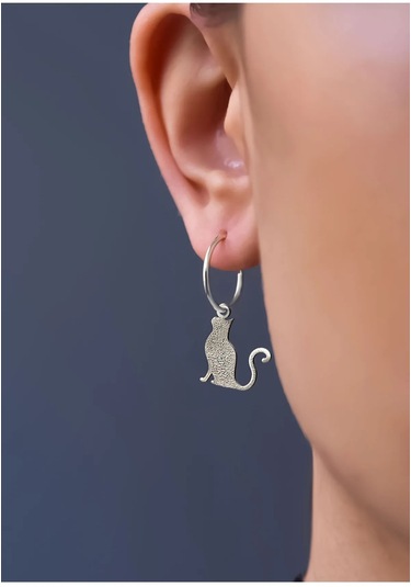 925 Ayar Gümüş Antik Ve Etnik Desenli, Vintage Kedi Halka Küpe